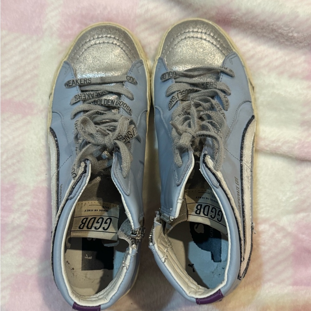 Golden Goose Silver Blue and Purple Sneakers with Leather Glitter Accents